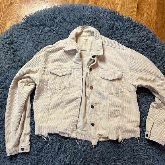 POL Cream Beige Corduroy Cropped Jacket Raw Hem Oversized Size L - Picture 1 of 6